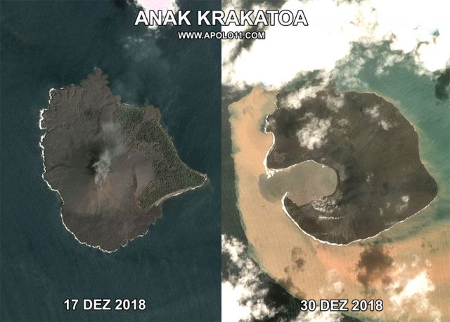 Imagem de satelite  mostram o antes e o depois da erupcao do vulcao Anak Krakatoa