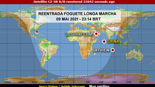 Localizao da reentrada do foguete chins Longa Marcha 5, de acordo com trs fontes de rastreio.