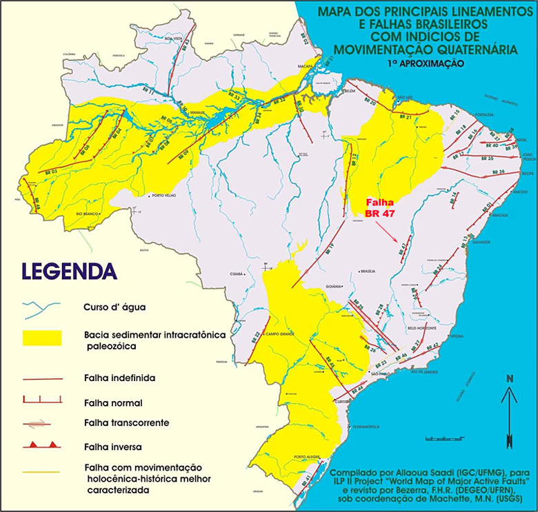 Mapa mostra a localizao de diversas falhas geolgicas brasileiras.