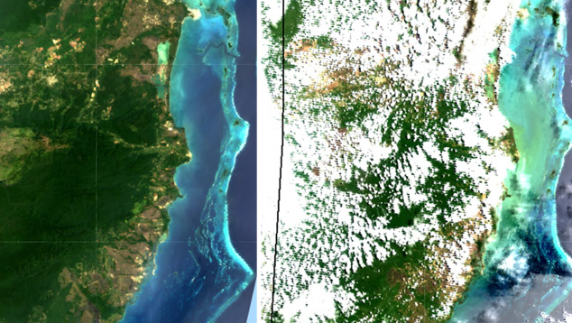  esquerda, imagem do Landsat-7 de maro de 2013 da costa de Belize com recifes de corais em azul claro.  direita, outra imagem com florescimento de algas em junho de 2011.<BR>