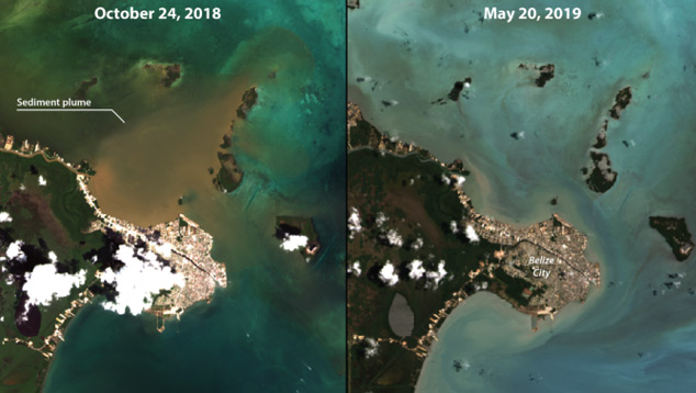  esquerda, imagem do Landsat-8 de outubro de 2018 mostra uma pluma de sedimentos entre a foz do rio Belize at o mar.  direita, outra imagem capturada pelo mesmo satlite, mostra guas claras a partir de maio de 2019.<BR>