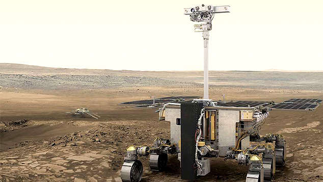 Concepo artstica mostra o jipe-rob Rosalind Franklin em ao no solo marciano. Crdito: ESA.