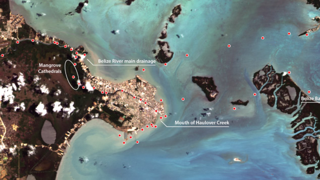 A imagem mostra os locais onde foram recolhidas 50 amostras para anlise da qualidade da gua, entre 14 e 15 de maio, sobreposta a uma imagem do Landsat-8 a partir de 20 de maio de 2019.  