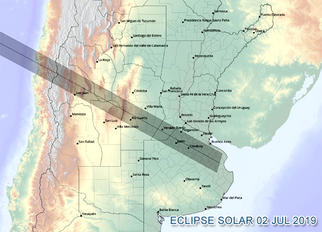 A totalidade do eclipse ser visvel apenas dentro de um corredor estreito de cerca de 200 km de largura, que dentro do continente cruza o Chile e Argentina.<BR>