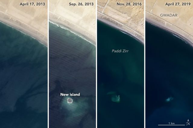 Imagens de satlite divulgadas pela NASA mostram gradativo desaparecimento de ilha no Paquisto. Crdito: NASA.