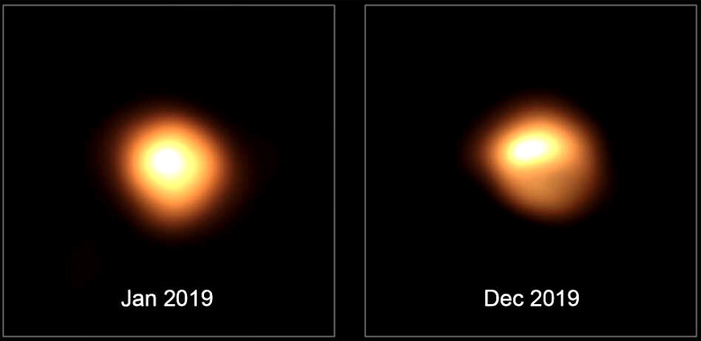 Imagens registradas pelo instrumento SPHERE, do telescpio VLT, da ESO, no Chile, mostra a diminuio do brilho de Betelgeuse, entre janeiro e dezembro de 2019. Crdito: ESO/VLT.