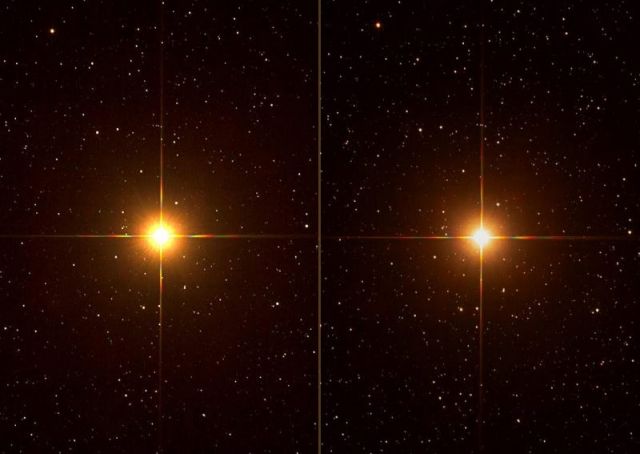 Imagens registradas pelo astrofotgrafo Brian Ottum mostram a diminuio de brilho de Betelgeuse. Do lado esquerdo vemos a estrela em fevereiro de 2016 e do lado direito Betelgeuse em 31 de dezembro de 2019. Crdito: Brian Ottum.<BR>