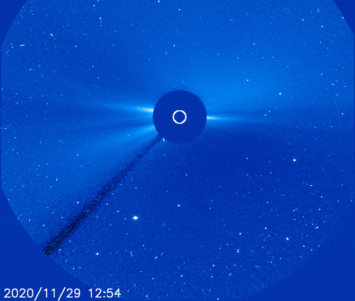 Registro da poderosa ejeode massa coronal feito pelo observatrio Espacial Solar SOHO, em 29 de novembro de 2020. A intensa emisso de raios-x  a maior j registrada nos ltimos trs anos.