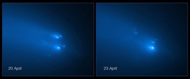 Imagens do cometa C/2019 Y4 ATLAS feitas pelo telescpio Hubble em 20 e 23 de abril revelam a pulverizao crescente dos restos da fragmentao.  Crdito: NASA/ESA/D. Jewitt (UCLA), Quanzhi Ye (University of Maryland).<BR>
