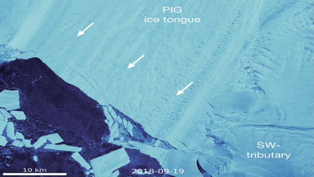 Dinmica de formao e expanso de fissura na geleira Pine Island (P1 e P2) e Thwaites (T1), entre outubro de 2014 e julho de 2020. Crdito: ESA.