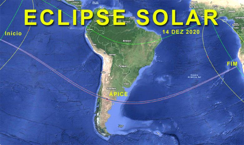 Caminho da sombra da Lua durante o eclipse solar de 14 de dezembro de 2020. O eclipse ser total em toda a faixa central mostrada no mapa.