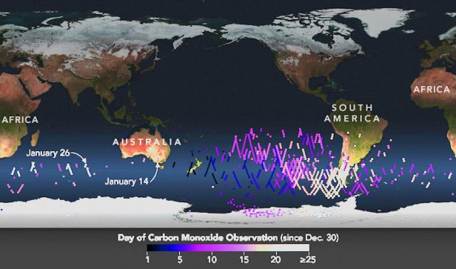 O mapa mostra os locais e as datas das observaes das plumas de monxido de carbono detectadas pelo sensor MSL a bordo do satlite Aura, da NASA.  <BR>