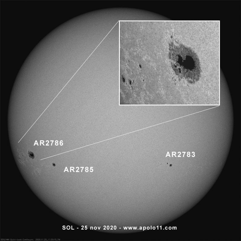 Registro do Sol em comprimento de onda da luz visvel mostra diversas regies ativas, com destaque para a mancha AR2786, de 1.155 bilho de quilmetros quadrados, mais de duas vezes a rea da Terra.<BR>