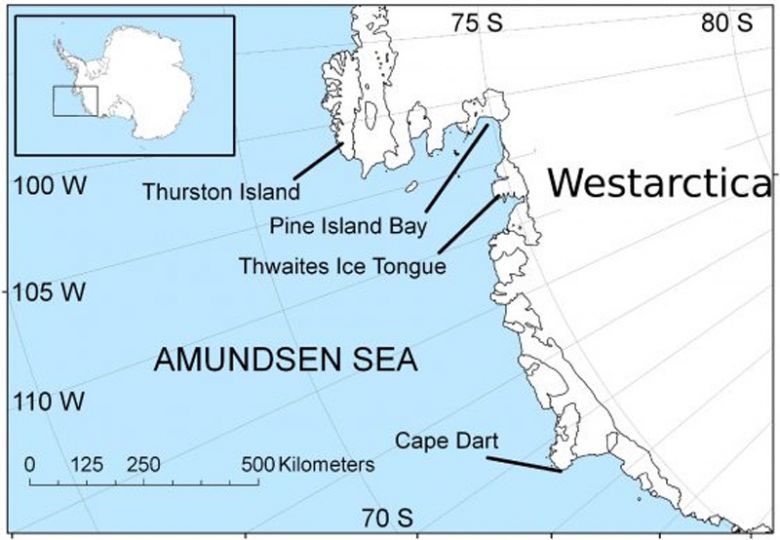 Mapa mostra a localizao das geleiras Pine Island e Thwaites, na Antrtida.
