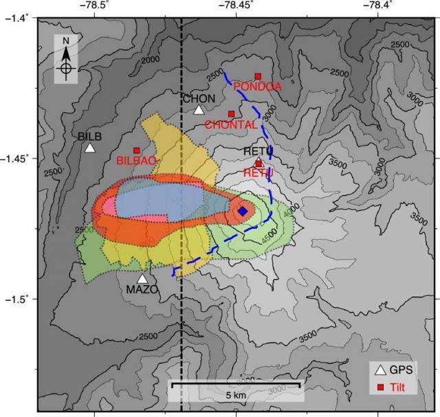 Mapa dos arredores do vulco Tungurahua. A linha pontilhada azul indica a localizao de uma enorme cicatriz criada h 3 mil anos, aps o colapso do flanco oriental da montanha. O ponto azul  a sada principal do vulco. Crdito: Earth and Planetary Science Letters<BR>
