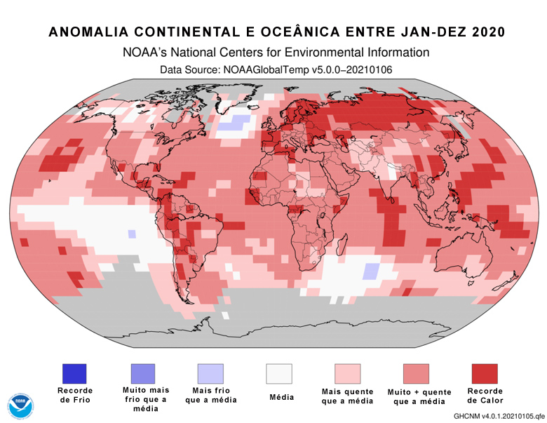 Mapa da anomalia trmica mostra os locais  no mundo onde as temperaturas bateram recordes de frio e calor no ano de 2020.