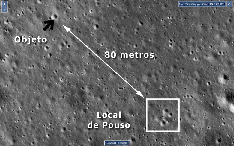 Imagem feita pela sonda estadunidense LRO, onde se v o objeto registrado pelo jipe-rob Yutu 2.<BR>