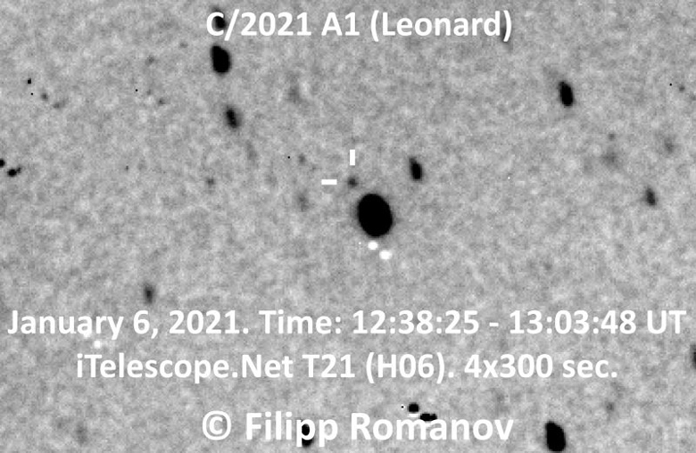 Cometa C/2021 Leonard, em imagem registrada em 6 de janeiro de 2021 pelo astrnomo Filipp Romanov.<BR>