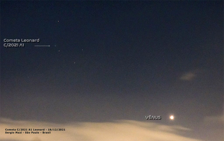 Cometa C/2021 A1 Leonard, registrado pelo astrofotgrafo Sergio Mazzi em 18 de dezembro de 2021. Mazzi fez esta foto a partir da cidade de So Paulo, onde a poluio luminosa torna bastante difcil a observao do cu. Crdito: Sergio Mazzi.