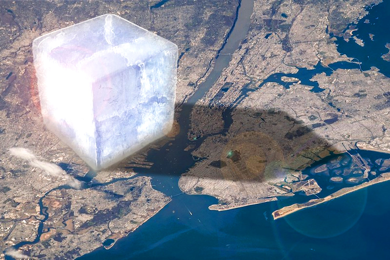 Concepo artstica mostra a quantidade de gelo perdido na Terra em pouco mais de duas dcadas. A massa equivale a um cubo de 10x10x10 km, cheio de gia congelada,  sobre a cidade de Nova York.