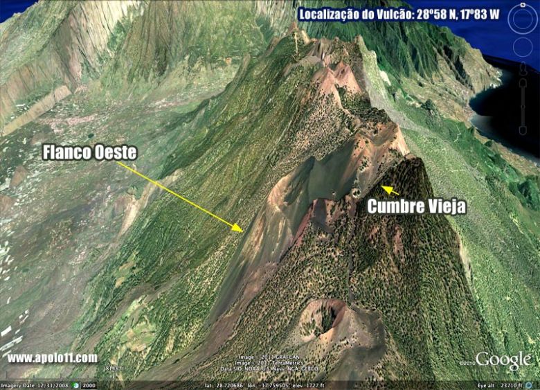 Modelagem de terreno mostra o flanco oeste do Cumbre Vieja. A parede est trincada e seu colapso poderia jogar 500 bilhes de toneladas de terra ao mar.<BR>