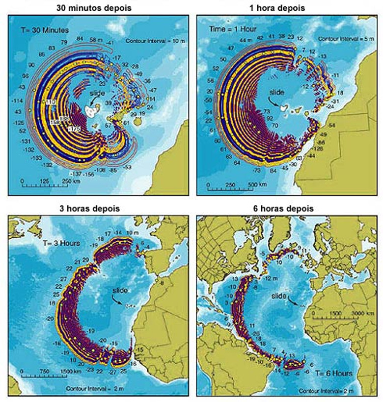 Modelo matemtico produzido pela BBC de Londres mostra a evoluo das ondas gigantes caso ocorresse um desmoronamento total do flanco ocidental do Cumbre Vieja.<BR>