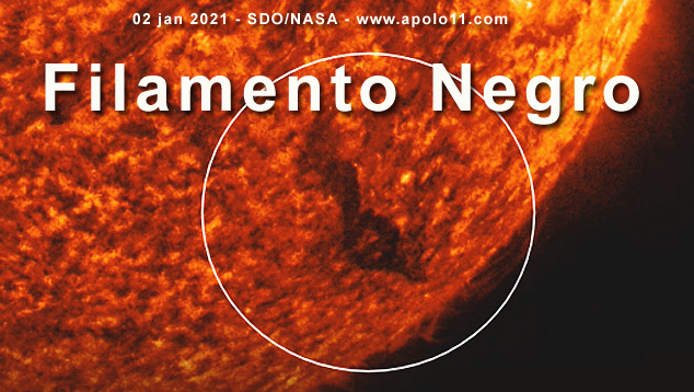 Momento da ruptura de um gigantesco filamento na superfície do Sol, registrado pelo satélite SDO, da Nasa, em 2 de janeiro de 2021. 