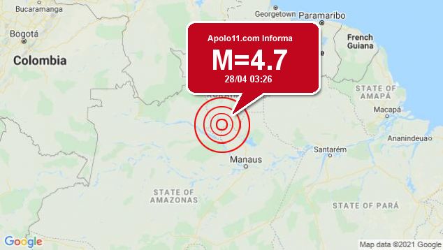 Terremoto de 4.7 pontos  registrado prximo a Barcelos, no AM
