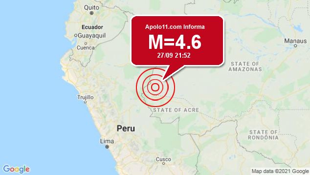Terremoto de 4.6 pontos  registrado a 79 km de Guajar, AM