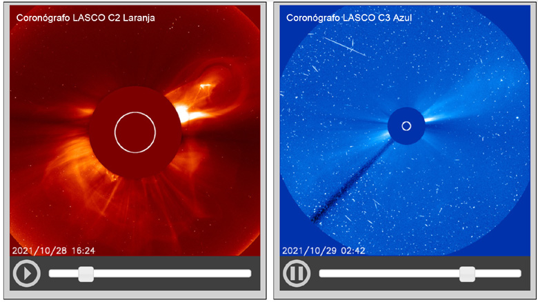 Momento da ejeo solar observada pelo telescpio espacial solar SOHO. 