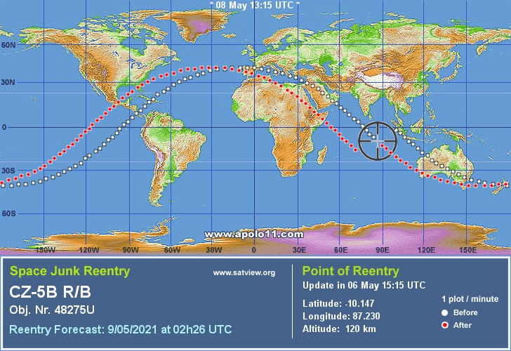 Posio de reentrada do primeiro estgio do foguete Longa Marcha 5, de acordo com o site Satview.org e pelo USstratcom, dos EUA.