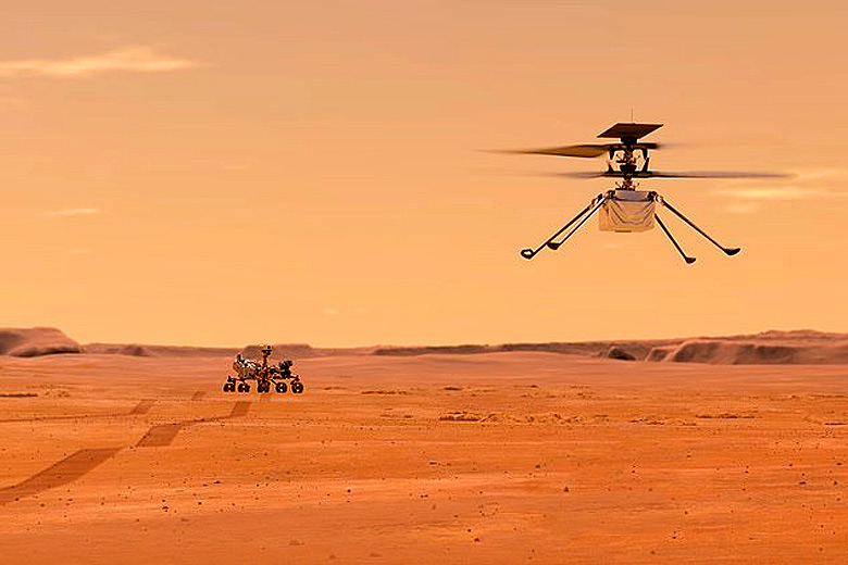 Concepo artstica mostra o drone Ingenuity sobrevoando Marte, tendo ao fundo o rover Perseverance.