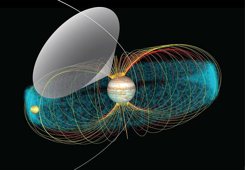 Concepo artstica mostra o intenso campo magntico Joviano, com a lua Io mergulhada em seu interior. Detalhe para o cone cinza, ponto de explorao da sonda Juno. credito: NASA/GSFC/Jay Friedlander)<BR>