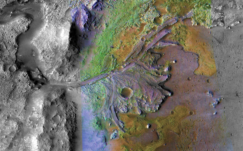 Regio em torno da cratera Jezero, situada na borda oeste de Isidis Planitia, uma gigantesca bacia de impacto ao norte do equador marciano. 