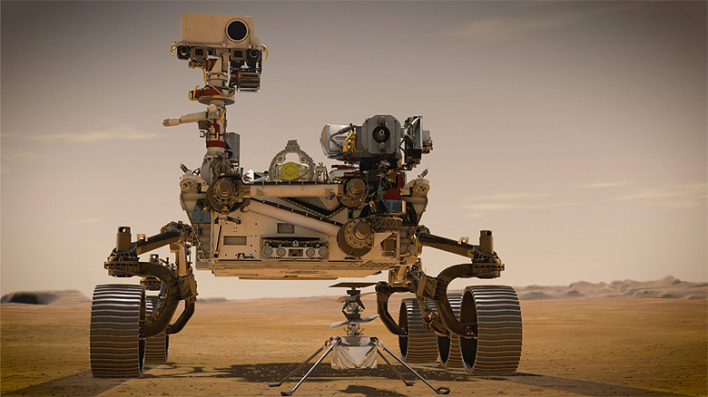 Concepo artstica mostra o drone Ingenuity ao lado rover Mars Perseverance, na superfcie do planeta vermelho.