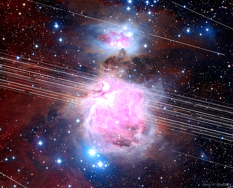 Nebulosa M42 traada por inmeras passagens de satlites artificiais. - Crdito: Amir H. Abolfath.
