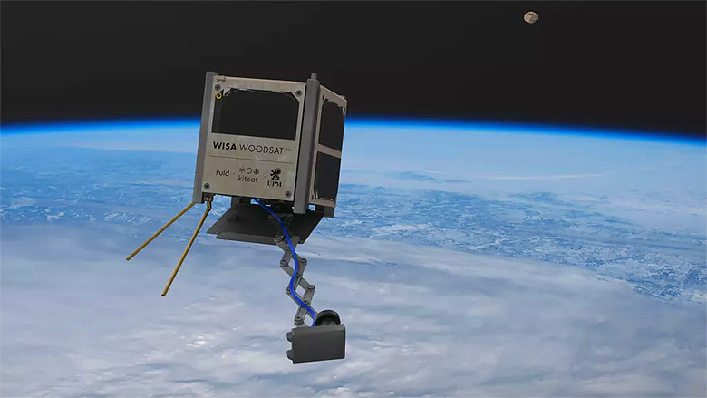 Concepo artstica mostra o satlite WoodSat em operao em orbita da Terra.