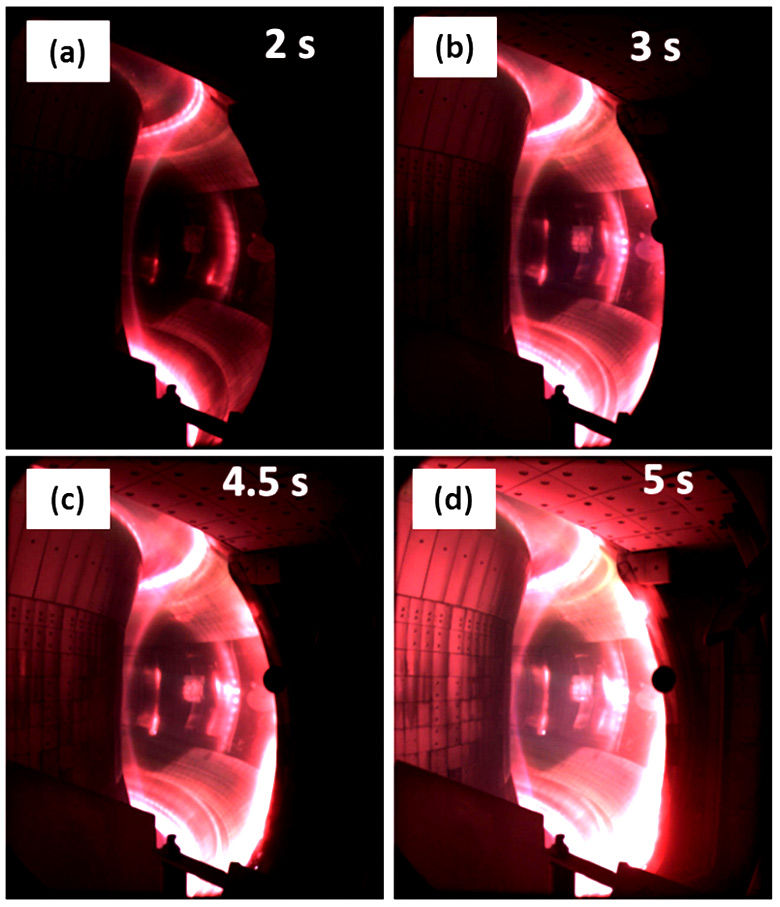 Plasma aquecido e confinado no interior da cmara de vcuo do reator EAST. A imagem mostra os primeiros 5 segundos da formao do plasma.<BR>