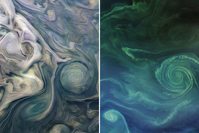  esquerda vemos Jpiter, com nuvens ricas em amnia girando nas camadas mais externas da atmosfera. A direita vemos a uma tpica florao de fitoplncton, na Terra.