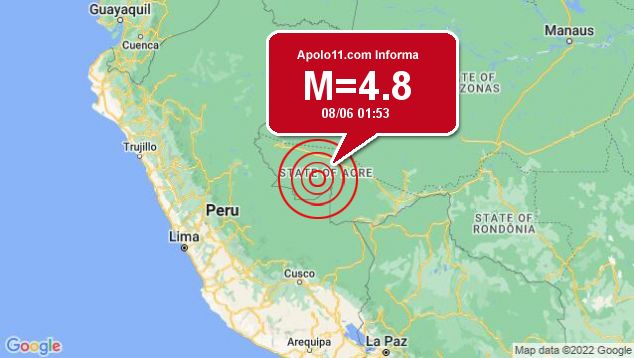 Terremoto de 4.8 pontos  registrado a 83 km de Jordo, AC