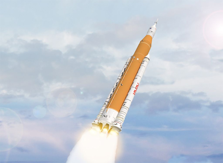 Concepo artstica mostra o lanamento do foguete SLS, com a cpsula ORIN no topo. Cortesia: NASA