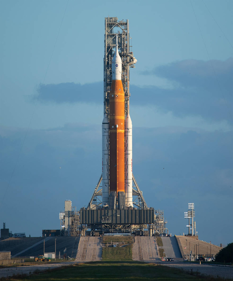 Foguete SLS posicionado na na plataforma 39B do Kennedy Space Center, na Flrida, em 4 de novembro de 2022. Crdito da foto: NASA. 