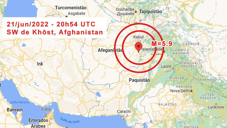 Localização exata do tremor de magnitude 5,9 entre o leste do Afeganistão e extremo noroeste do Paquistão.