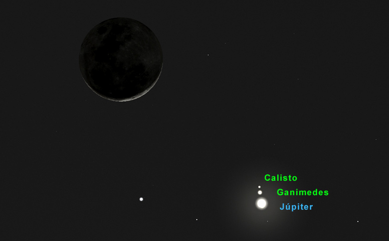 Simulao mostra como ser a conjuno vista s 05h45 da manh de quarta-feira, 17 de maio de 2023. <BR>Com um pequeno binculo ainda ser possvel ver as luas galileanas Calisto e Ganimedes abrilhantar ainda mais o espetculo!
