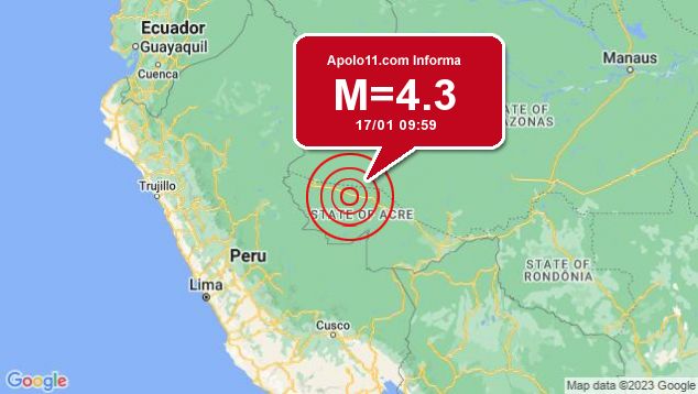 Terremoto de 4.3 pontos  registrado a 62 km de Tarauac, AC