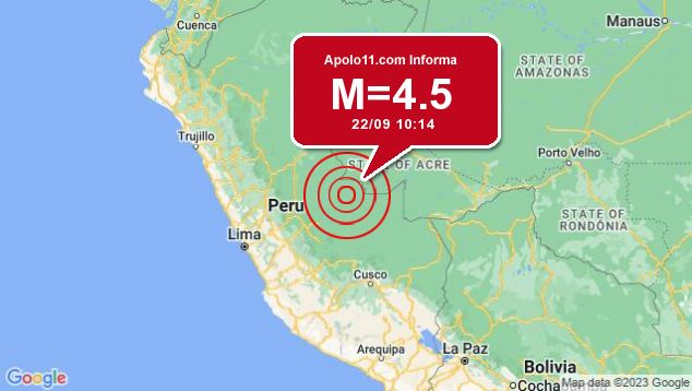 Terremoto de 4.5 pontos  registrado a 123 km de Marechal Thaumaturgo, AC