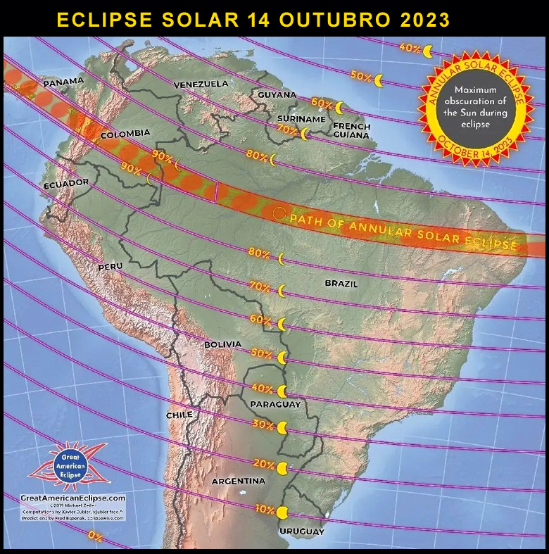 Mapa mostra a obscuridade do disco solar em diversas reas do Brasil durante o eclipse solar de 14 de outubro de 2023. Crdito: Great American Eclipse.
