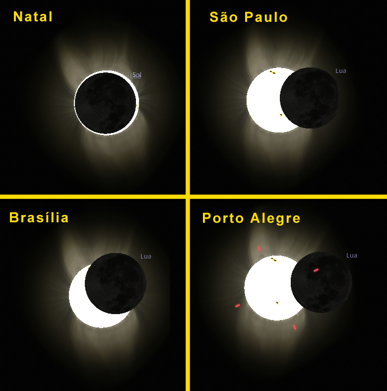 Imagem simulada mostra como ser o eclipse solar de 14 de outubro de 2023 em algumas capitais brasileiras. Crdito: Apolo11.com