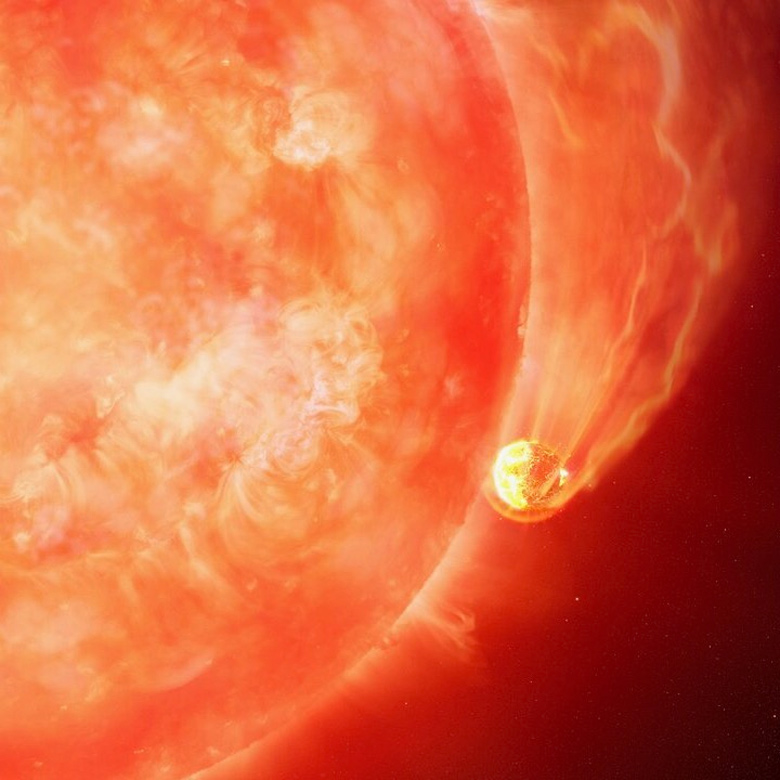 Concepo artstica mostra planeta sendo engolido por estrela. Durante o evento, um forte pulso luminoso foi produzido, o que permitiu a descoberta do evento. Crdito: International Gemini Observatory/ NOIRLab/ NSF/ AURA/ M. Garlick/ M. Zaman