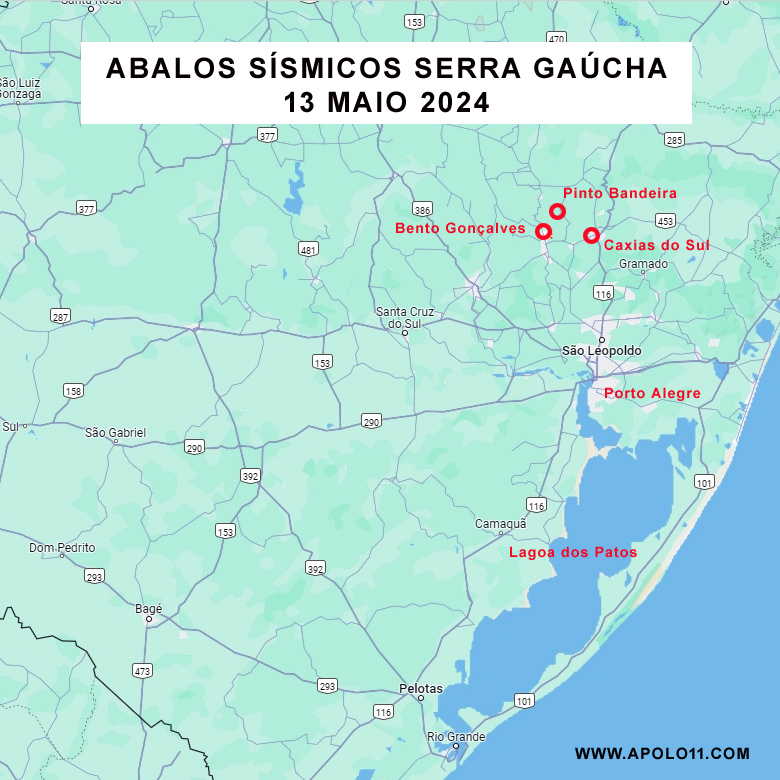 Mapa mostra a localizao dos abalos observados na Serra Gacha em 13 de maio de 2024.